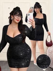 SHEIN EZwear Váy dạ hội dài tay nhún bèo cỡ lớn thu/đông - màu đen - Xem 1