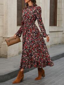 EMERY ROSE 女式休闲碎花荷叶边下摆束腰长裙，秋季