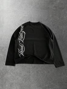 ROMWE MEN Men's Round Neck Long Sleeve Letter Graphic Casual Versatile T-Shirt