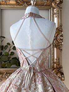 Lovelzi 奢华宫廷风格提花面料绿色露背交叉系带 A 字形喇叭裙，适合约会、度假、单身派对、舞会、婚礼、毕业典礼、舞会 - 粉色 - 查看 3