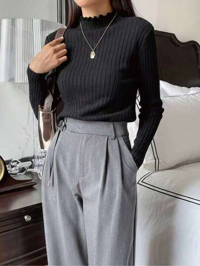 Women's Solid Color Stand Collar Long Sleeve Casual Business Pullover Sweater, Autumn/Winter