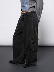 COUREZ Barrel Balloon Cargo Jeans In Black Wash /Y2K Low Rise Jeans Baggy Jeans Winter Outfits Going Out Outfits Streetstyle - Dark Grey - View 2