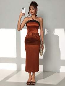 Glisette Solid Color Backless Halter Lace Trim Sexy Elegant Women Tank Top - Brown - View 9