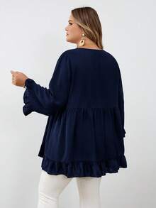 SHEIN CURVE+ Kemeja Pullover Ukuran Besar Warna Polos dengan Hem Berkerut, Cocok untuk Acara Santai, Pakaian Musim Gugur untuk Wanita, Musim Dingin, CURVE PLUS - Navy Blue - View 9