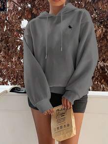 SHEIN EZwear Casual Minimalist Horse Print Hooded Long Sleeve Loose Fit Women Sweatshirt, Autumn/Winter Graphic - Grey - View 3