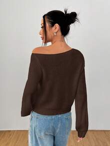 SHEIN PETITE 套头衫白色女士长袖毛衣可斜跨肩穿，适合秋冬季 - 棕色 - 查看 2