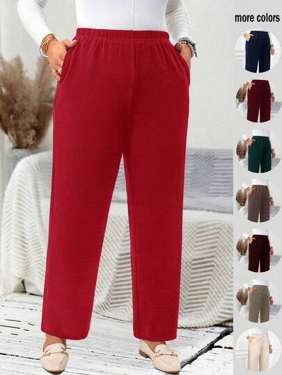 EMERY ROSE Plus Size Women Fall/Winter Casual Daily Burgundy Red Long Pants With Pockets, Autumn/Winter, Going Out, 2025 New ,Simple And Fashionable For Everyday Wear , Christmas For Women ,New Year ,Thanksgiving For Women , Elastic Waist Pants, Women Pants Casual
