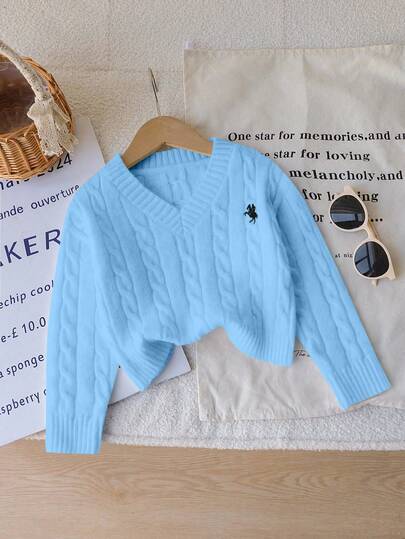 Sparklyn 1 件女童经典粗针织套头衫，V 领修身长袖常规厚度针织上衣，带有黑色骏马刺绣装饰，舒适百搭，适合春秋季节、日常休闲穿着或户外活动