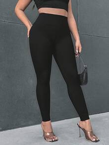 Firerie Leggings casuales de cintura alta de unicolor para mujer de talla grande, aptos para otoño/invierno - Negro - Ver 1