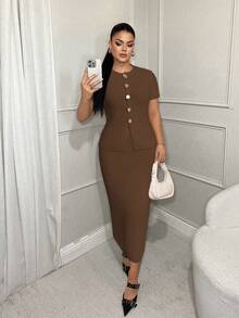 SHEIN SXY 新款复古通勤商务个性金属纽扣修身半身裙和女士毛衣两件套，适合初秋 - 咖啡棕 - 查看 3
