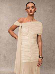SHEIN BAE Women's Solid Color Asymmetric Shoulder Ruched Fishtail Hem Elegant Dress - Apricot - View 5