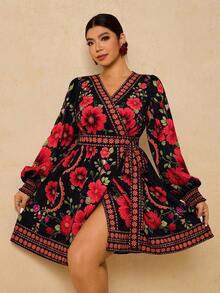 Travachic Váy dài tay buộc vạt họa tiết hoa phong cách Bohemian cỡ lớn cho nữ, mùa thu/đông - màu đen - Xem 5