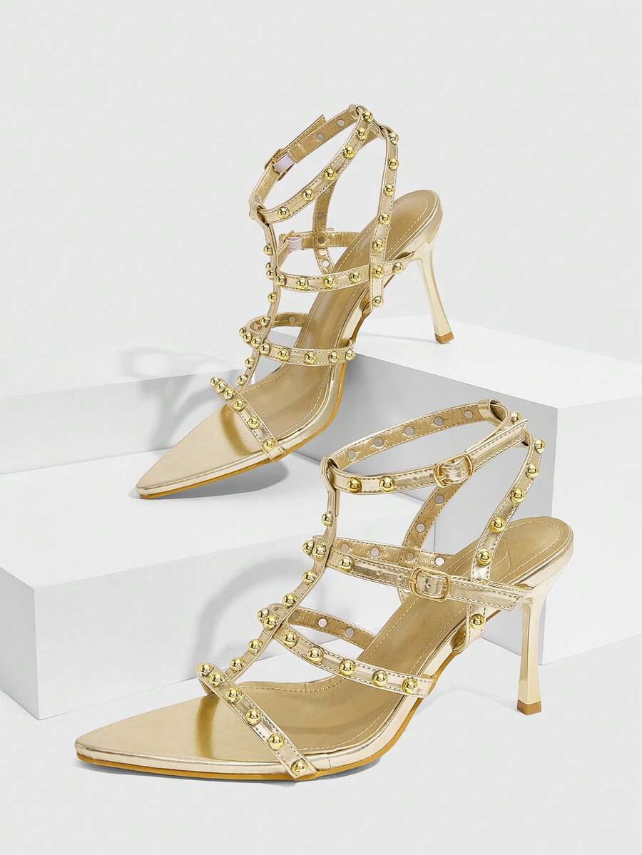 CUCCOO SZL Women's Fashion Pointed Toe Transparent Glass Jelly Gold Evening Party Commute Rhinestone Bow Work Shoes, Women's High Heel Sandals, Backless Sandals - Gold - View 1