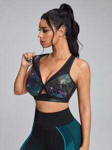Innovista Women's Snakeskin Mesh Patchwork Metallic Sports Bra,Black Summer Athleisure Gym Crop Tank Top, High-Elasticity Shimmering Fitness Wear With Pads - Black - View 11