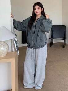 DAZY 大码女式轻质水洗牛仔夹克，连帽拉链宽松灯笼袖下摆抽绳休闲外套 - 霧霾藍 - 查看 3