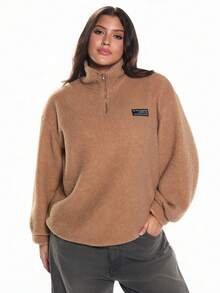 Solavibe Sudadera con cremallera de manga larga con aplicación de unicolor tipo sherpa, talla grande, otoño/invierno - Caqui - Ver 6