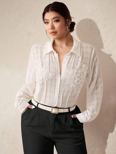 EMERY ROSE Plus-Size Women's Casual Vacation Commuting Autumn Shirt