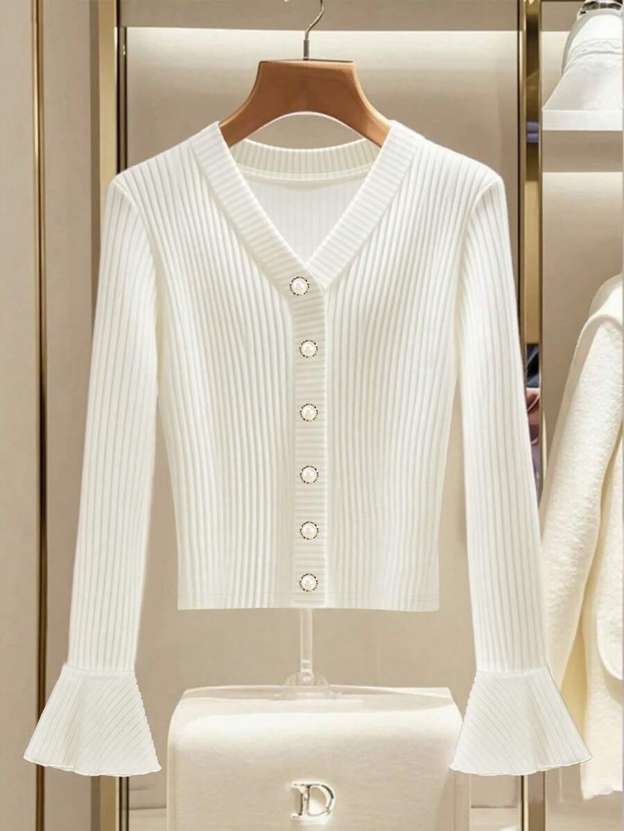 SHEIN Franclia Áo thun tay loe thanh lịch, một hàng khuy, có gân thời trang dành cho nữ - trắng - Xem 1
