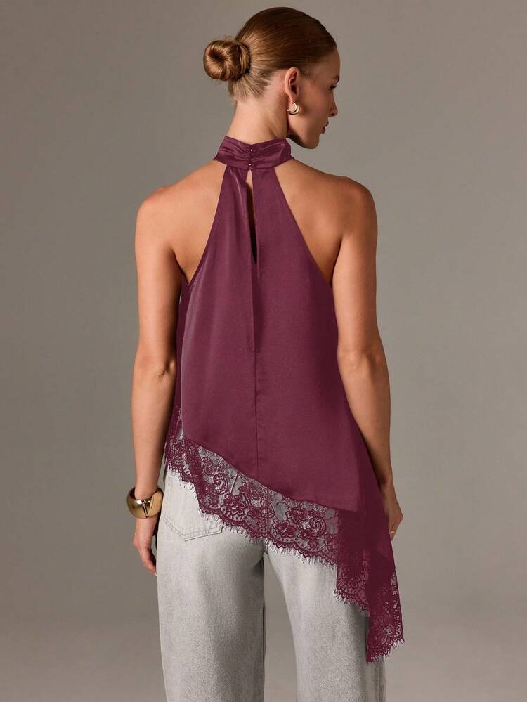 Asymmetric Satin Halter Top With Lace Trim