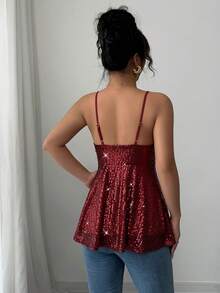 Rafferiza Fashionable Commuter Sexy Solid Color Beaded Camisole - Burgundy - View 2
