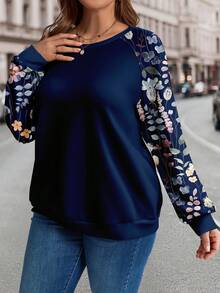 EMERY ROSE Plusstorlek Dam Blommigt Tryck Raglanärm Rund Halsringning Casual Tröja - Multifärgad - Visa 7