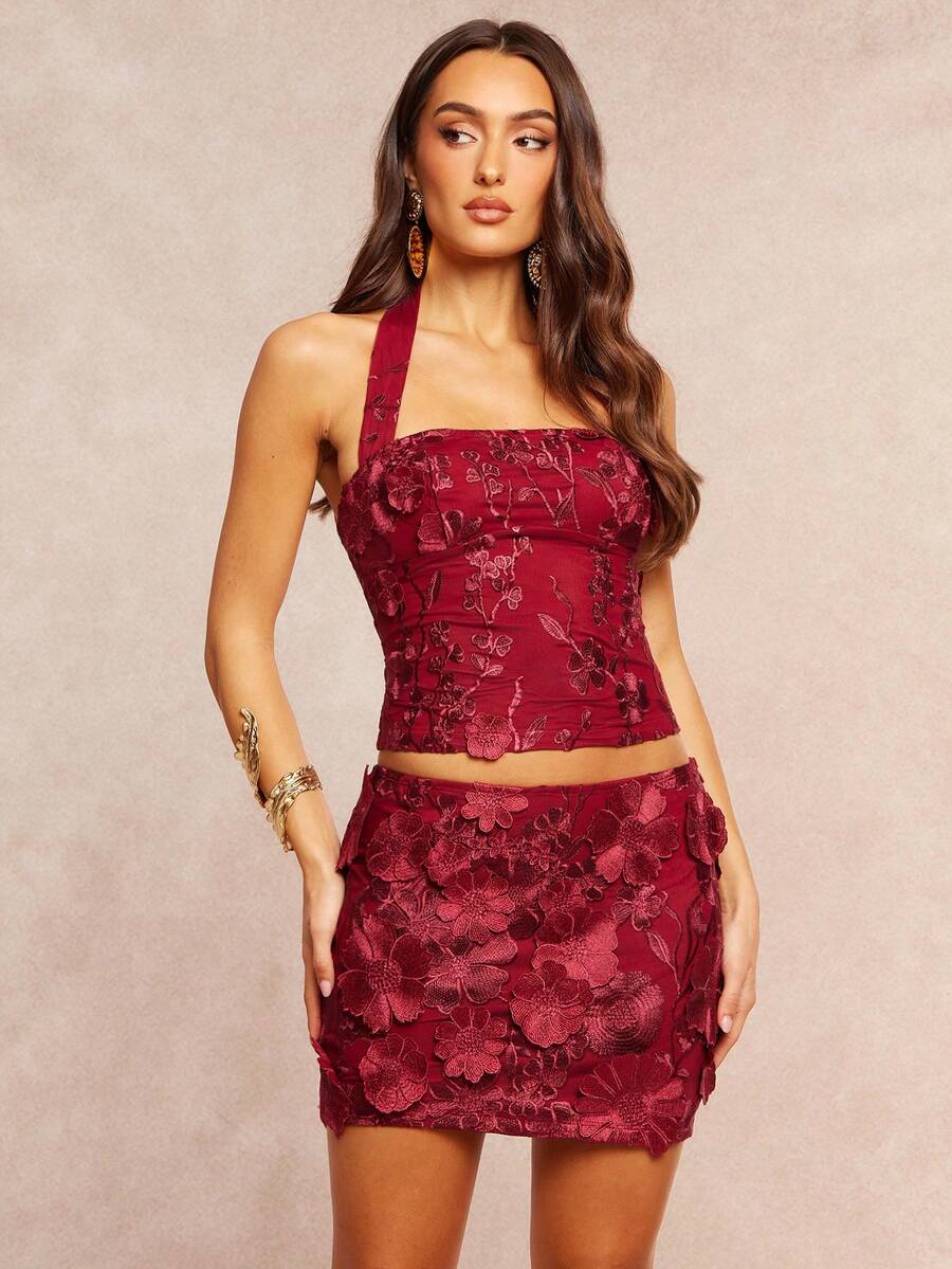 Silquee Elegant Burgundy Floral-Embroidered Mini Skirt For Women,Autumn 3D Flower Design Party Attire For Wedding Guest,Christmas,Valentine's Day Gowns - Burgundy - View 1