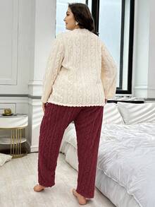 Bộ 2 áo và quần hồng thêu hoa đào lông nhung cỡ lớn thường ngày - Màu Đỏ Sâu - Xem 2