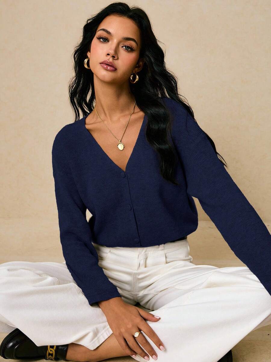 Poéselle Áo khoác cardigan nữ cổ chữ V tay Dolman cài đơn hàng ngày, Áo khoác cardigan nữ, Áo len cardigan nữ, Áo khoác cardigan thu/đông - Màu xanh lam - Xem 1