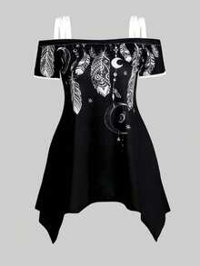 Calvaya Camiseta gráfica de talla grande con hombros descubiertos, bajo asimétrico y estampado de luna y plumas para vacaciones y tiempo libre