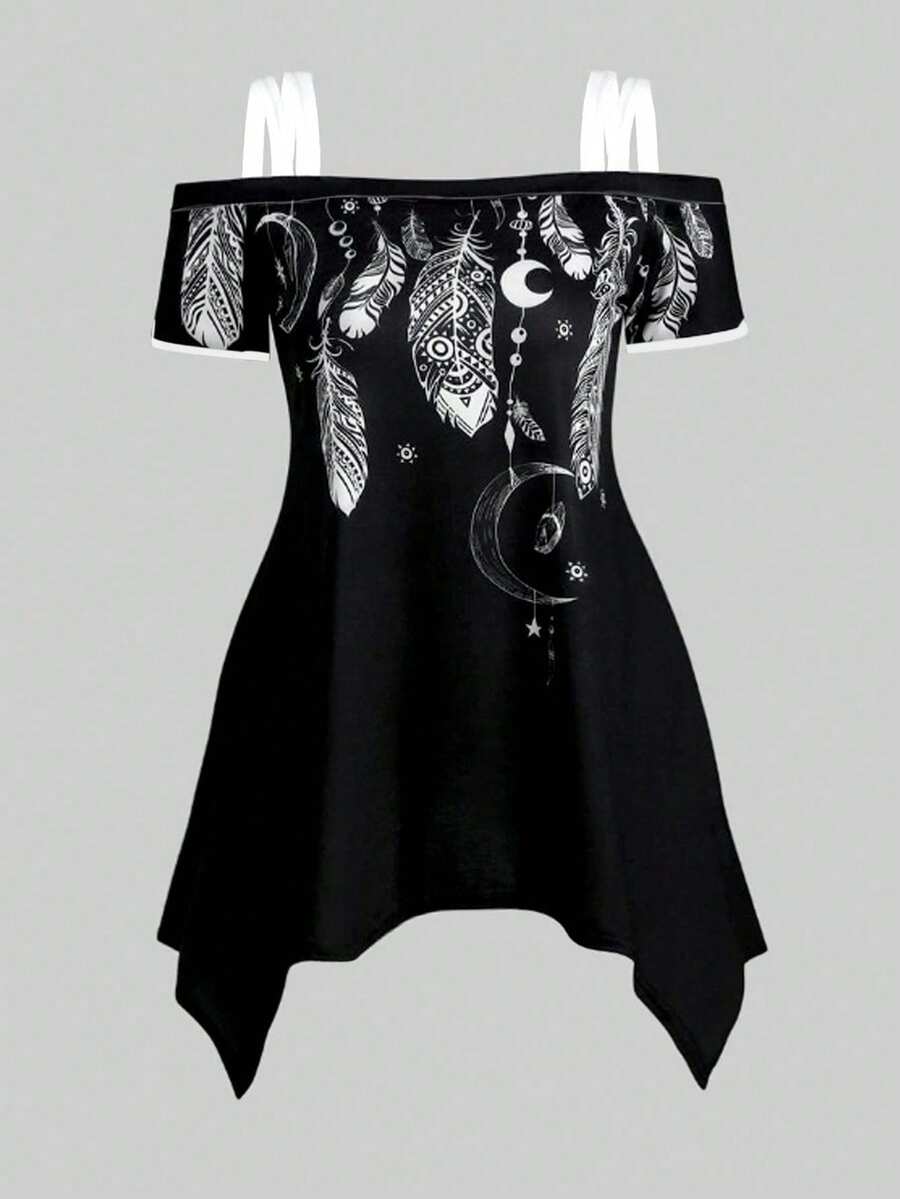 Calvaya Camiseta gráfica de talla grande con hombros descubiertos, bajo asimétrico y estampado de luna y plumas para vacaciones y tiempo libre