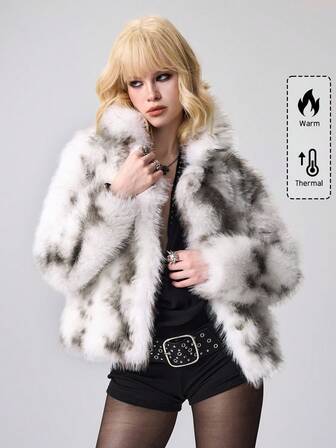 Grunge Punk Women's Colorblock Long Sleeve Loose Faux Fur Jacket, Winter