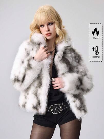 Grunge Punk Women's Colorblock Long Sleeve Loose Faux Fur Jacket, Winter