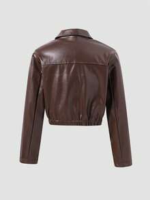 Tween Girls' PU Leather Jacket, Red Short Motorcycle Jacket, Street Fashiendy - Brown - View 2