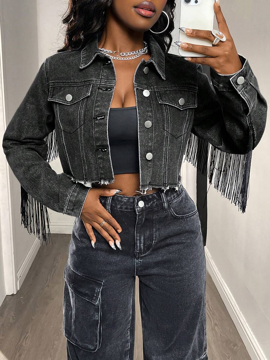 DAZY 女士短款黑色牛仔流苏夹克 Y2k