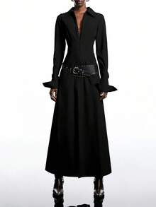 LYSMO Women's Solid Color Slit Dress, Suitable For Commuting - Black - View 2