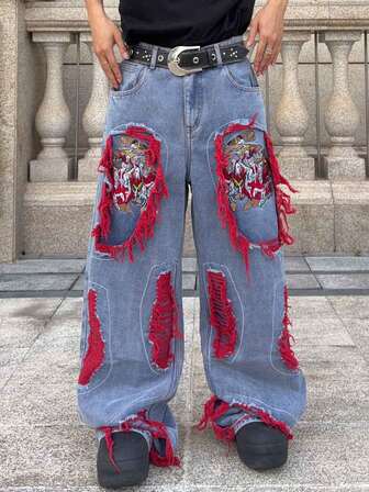 Street Life Jeans de pierna ancha con bolsillo bordado y deshilachado, de corte holgado para hombre