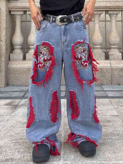 Street Life Jeans amples à jambe large avec poche brodée effilochée pour hommes