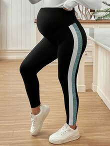SHEIN Adjustable Waist Maternity Side Stripe Casual Leggings - Black - View 7
