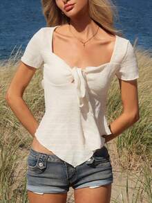 Sydney Algeri Women Casual Vacation New Tie Bow V-Neck Short Sleeve Textured Fabric Bodycon T-Shirt, Spring/Summer - Apricot - View 6