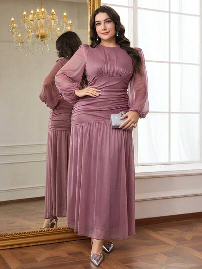 Modelyn Abito da donna tinta unita di stile minimalista e quotidiano, con collo rotondo, in stile arabo, taglie comode