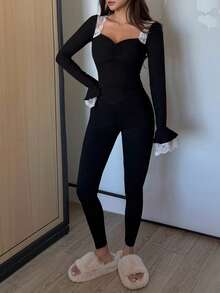 DAZY 迷人撞色蕾丝拼接修身女士睡衣套装，秋冬服装 - 黑色 - 查看 5