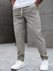 Manfinity Homme Men's Solid Color Drawstring Waist Pocket Tapered Casual Pants, Versatile, Fall - Grey - View 3