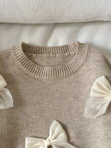 Genkimix Kids Girls'Solid Color Fashionable Sweet Bow Round Neck Sweater,Cute Beige Autumn Birthday Clothes For Kids,Back To School Outings Gathering Knitwear - Apricot - View 3