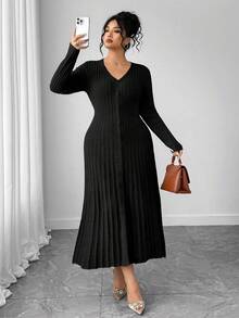 SHEIN Elenzya 1 chiếc váy len dài tay cổ chữ V viền loe thanh lịch cỡ lớn cho nữ - màu đen - Xem 6