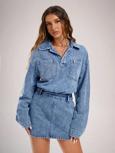 Avantive Fall/Autumn/Summer/Winter/Back To School/Concert Outfits For Women/Going Out Outfits/Birthday Outfit/Costumes/Casual/Y2k/2000s//90S/Clothessexy/Western Wear Women/Boho/Country/Club/Office /Cocktail/Vintage/Bodycon/Rave Outfits Festival/Funny/Classy/Old Money/Streetwear/Vacation Outfits/Country Concert Outfit/Work Clothes /Modest/National Day New Year Outfit Party /Basic/Graduation/New Year/Denim Dress/Mini Dress/ Solid Color Drop Shoulder Long Sleeve Half-Zip Casual Versatile Denim Dress