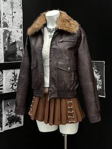 EgrlEra Chaqueta versátil de invierno con cuello de piel sintética, parches y cremallera, de manga larga y hombros caídos, de moda - Marrón - Ver 5