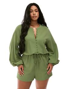 SHEIN Unity Salopetă Plus Size cu decolteu în V, umeri căzuți, mâneci tip lanternă, talie cu șnur și lejeritate - Verde - Vizualizare 6