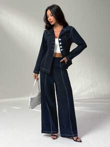 SHEIN PETITE 2 件套：女士秋装秋季休闲翻领纽扣前长袖衬衫和休闲长裤，教师装，适合日常穿着女士裤子套装两件套裤子女士 - 藏蓝色 - 查看 5