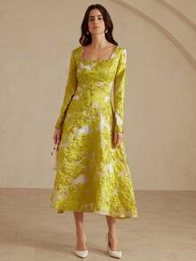 Aveloria Rosie Robe élégante à col trapèze avec imprimé floral métallique, robe ajustée à la taille avec ourlet évasé, robe de soirée romantique et sophistiquée à manches longues - Jaune citron - Voir 6
