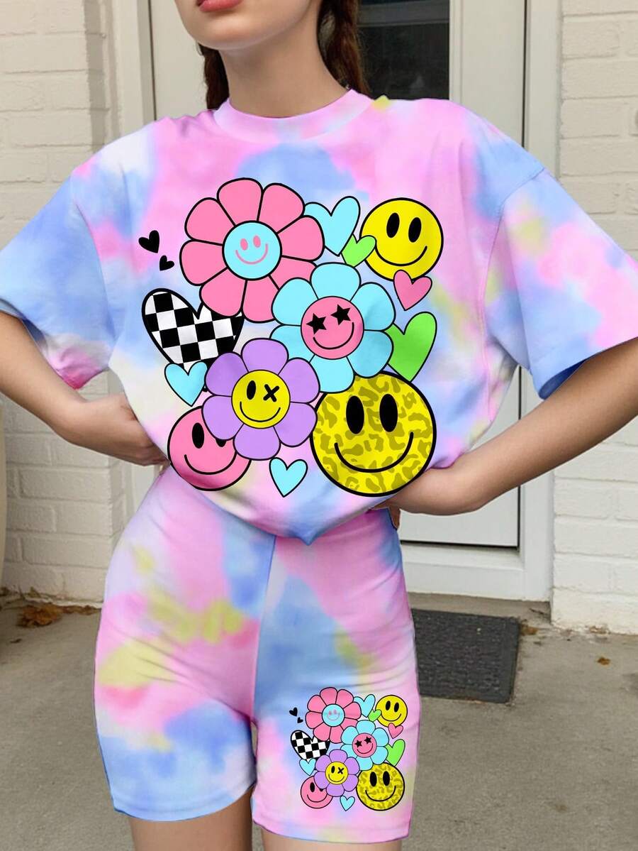 SHEIN Leap Crew 2 件套：扎染花卉印花、心形、豹纹少女休闲宽松短袖 T 恤和紧身裤，适合夏季